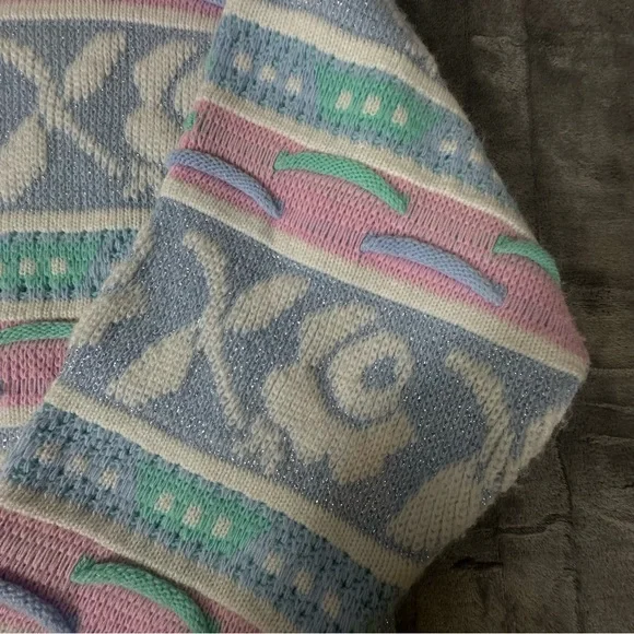 VTG 80s 90s Rose Textured 3D Knit Sweater Wms M NO SIZE TAG USA Pastel Glitter - Picture 4 of 14